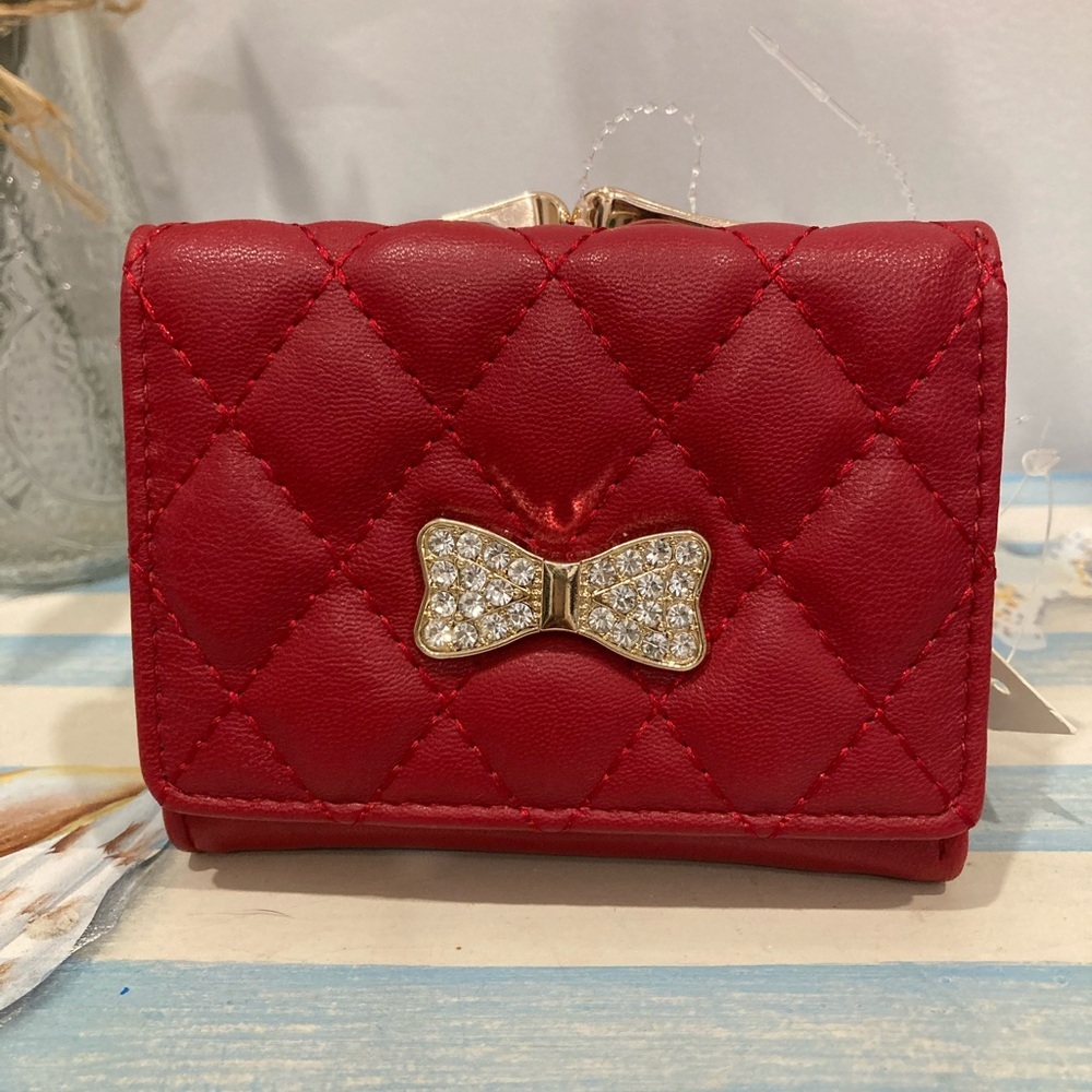 Red Quilted Bow Wallet | Rhinestone Accent | Glam Mini Wallet